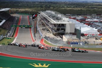 World © Octane Photographic Ltd. Mercedes AMG Petronas W07 Hybrid – Lewis Hamilton leads into turn 1. Sunday 23rd October 2016, F1 USA Grand Prix Race, Austin, Texas – Circuit of the Americas (COTA). Digital Ref :1749LB1D3603