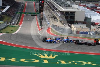 World © Octane Photographic Ltd. Manor Racing MRT05 – Esteban Ocon and Pascal Wehrlein sandwich the Sauber F1 Team C35 of Felipe Nasr. Sunday 23rd October 2016, F1 USA Grand Prix Race, Austin, Texas – Circuit of the Americas (COTA). Digital Ref :1749LB1D3612