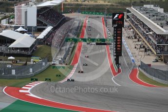 World © Octane Photographic Ltd. Mercedes AMG Petronas W07 Hybrid – Lewis Hamilton leads at the end of lap 1. Sunday 23rd October 2016, F1 USA Grand Prix Race, Austin, Texas – Circuit of the Americas (COTA). Digital Ref :1749LB1D3541