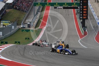 World © Octane Photographic Ltd. Sauber F1 Team C35 – Marcus Ericsson and Renault Sport F1 Team RS16 – Jolyon Palmer. Sunday 23rd October 2016, F1 USA Grand Prix Race, Austin, Texas – Circuit of the Americas (COTA). Digital Ref :1749LB1D3666