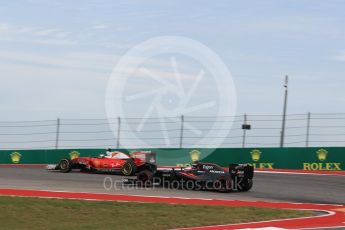 World © Octane Photographic Ltd. Scuderia Ferrari SF16-H – Kimi Raikkonen and McLaren Honda MP4-31 – Jenson Button. Sunday 23rd October 2016, F1 USA Grand Prix Race, Austin, Texas – Circuit of the Americas (COTA). Digital Ref : 1749LB1D4029