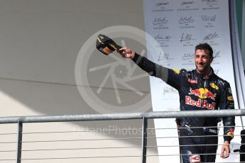 World © Octane Photographic Ltd. Red Bull Racing RB12 – Daniel Ricciardo (3rd). Sunday 23rd October 2016, F1 USA Grand Prix Podium, Austin, Texas – Circuit of the Americas (COTA). Digital Ref : 1750LB1D4180