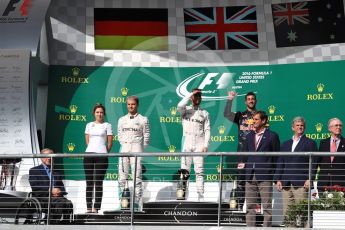 World © Octane Photographic Ltd. Mercedes AMG Petronas – Lewis Hamilton (1st) and Nico Rosberg (2nd) and Red Bull Racing – Daniel Ricciardo (3rd) with Victoria Vowels - Mercedes Partner Services Director. Sunday 23rd October 2016, F1 USA Grand Prix Podium, Austin, Texas – Circuit of the Americas (COTA). Digital Ref :1750LB1D4267