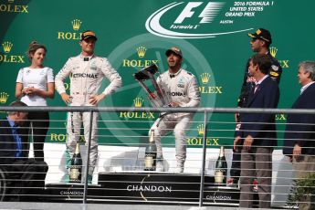 World © Octane Photographic Ltd. Mercedes AMG Petronas – Lewis Hamilton (1st) and Nico Rosberg (2nd) and Red Bull Racing – Daniel Ricciardo (3rd) with Victoria Vowels - Mercedes Partner Services Director. Sunday 23rd October 2016, F1 USA Grand Prix Podium, Austin, Texas – Circuit of the Americas (COTA). Digital Ref :1750LB1D4325