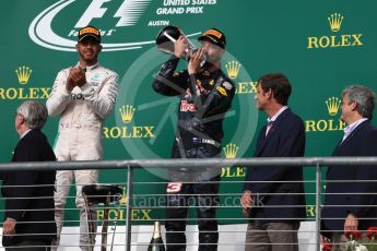 World © Octane Photographic Ltd. Mercedes AMG Petronas – Lewis Hamilton (1st) and Red Bull Racing – Daniel Ricciardo (3rd). Sunday 23rd October 2016, F1 USA Grand Prix Podium, Austin, Texas – Circuit of the Americas (COTA). Digital Ref :1750LB1D4408