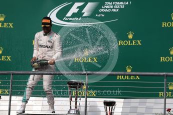World © Octane Photographic Ltd. Mercedes AMG Petronas – Lewis Hamilton (1st) . Sunday 23rd October 2016, F1 USA Grand Prix Podium, Austin, Texas – Circuit of the Americas (COTA). Digital Ref :1750LB1D4443