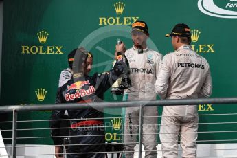 World © Octane Photographic Ltd. Mercedes AMG Petronas – Lewis Hamilton (1st) and Nico Rosberg (2nd) and Red Bull Racing – Daniel Ricciardo (3rd) with Victoria Vowels - Mercedes Partner Services Director. Sunday 23rd October 2016, F1 USA Grand Prix Podium, Austin, Texas – Circuit of the Americas (COTA). Digital Ref :1750LB1D4541