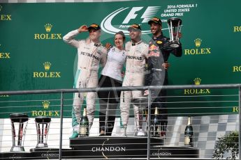 World © Octane Photographic Ltd. Mercedes AMG Petronas – Lewis Hamilton (1st) and Nico Rosberg (2nd) and Red Bull Racing – Daniel Ricciardo (3rd) with Victoria Vowels - Mercedes Partner Services Director. Sunday 23rd October 2016, F1 USA Grand Prix Podium, Austin, Texas – Circuit of the Americas (COTA). Digital Ref :1750LB1D4586