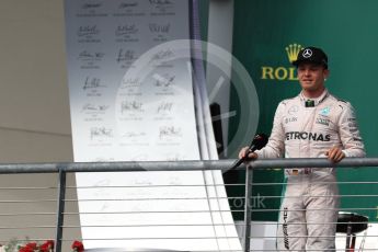 World © Octane Photographic Ltd. Mercedes AMG Petronas W07 Hybrid – Nico Rosberg (2nd). Sunday 23rd October 2016, F1 USA Grand Prix Podium, Austin, Texas – Circuit of the Americas (COTA). Digital Ref :1750LB1D4627
