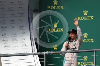 World © Octane Photographic Ltd. Mercedes AMG Petronas W07 Hybrid – Nico Rosberg (2nd). Sunday 23rd October 2016, F1 USA Grand Prix Podium, Austin, Texas – Circuit of the Americas (COTA). Digital Ref :1750LB1D4635
