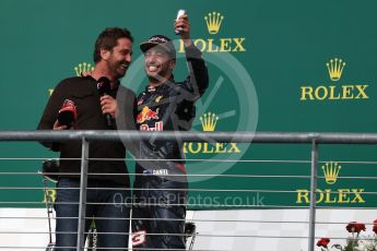 World © Octane Photographic Ltd. Gerard Butler with Red Bull Racing – Daniel Ricciardo (3rd). Sunday 23rd October 2016, F1 USA Grand Prix Podium, Austin, Texas – Circuit of the Americas (COTA). Digital Ref :1750LB1D4696