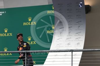 World © Octane Photographic Ltd. Red Bull Racing RB12 – Daniel Ricciardo (3rd). Sunday 23rd October 2016, F1 USA Grand Prix Podium, Austin, Texas – Circuit of the Americas (COTA). Digital Ref :1750LB1D4733