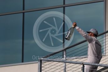 World © Octane Photographic Ltd. Mercedes AMG Petronas W07 Hybrid – Lewis Hamilton (1st). Sunday 23rd October 2016, F1 USA Grand Prix Podium, Austin, Texas – Circuit of the Americas (COTA). Digital Ref :1750LB1D4781