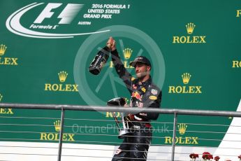 World © Octane Photographic Ltd. Red Bull Racing RB12 – Daniel Ricciardo (3rd). Sunday 23rd October 2016, F1 USA Grand Prix Podium, Austin, Texas – Circuit of the Americas (COTA). Digital Ref :1750LB1D4826