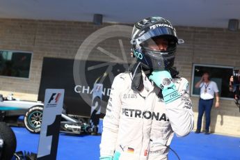 World © Octane Photographic Ltd. Mercedes AMG Petronas W07 Hybrid – Nico Rosberg (2nd). Sunday 23rd October 2016, F1 USA Grand Prix Parc Ferme, Austin, Texas – Circuit of the Americas (COTA). Digital Ref :1750LB2D6003