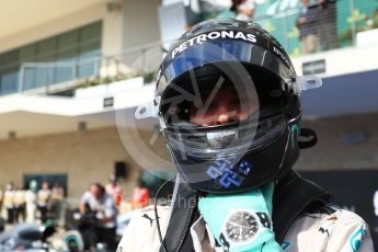World © Octane Photographic Ltd. Mercedes AMG Petronas W07 Hybrid – Nico Rosberg (2nd). Sunday 23rd October 2016, F1 USA Grand Prix Parc Ferme, Austin, Texas – Circuit of the Americas (COTA). Digital Ref :1750LB2D6012