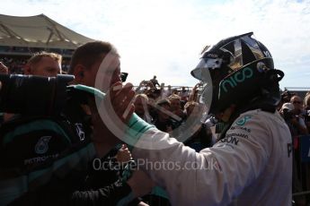 World © Octane Photographic Ltd. Mercedes AMG Petronas W07 Hybrid – Nico Rosberg (2nd). Sunday 23rd October 2016, F1 USA Grand Prix Parc Ferme, Austin, Texas – Circuit of the Americas (COTA). Digital Ref :1750LB2D6027