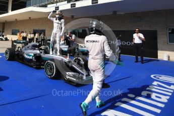 World © Octane Photographic Ltd. Mercedes AMG Petronas – Lewis Hamilton (1st) and Nico Rosberg (2nd). Sunday 23rd October 2016, F1 USA Grand Prix Parc Ferme, Austin, Texas – Circuit of the Americas (COTA). Digital Ref :1750LB2D6051