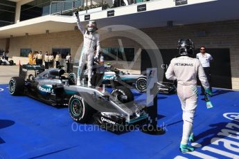 World © Octane Photographic Ltd. Mercedes AMG Petronas – Lewis Hamilton (1st) and Nico Rosberg (2nd). Sunday 23rd October 2016, F1 USA Grand Prix Parc Ferme, Austin, Texas – Circuit of the Americas (COTA). Digital Ref :1750LB2D6055