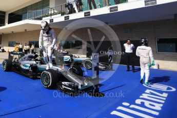World © Octane Photographic Ltd. Mercedes AMG Petronas – Lewis Hamilton (1st) and Nico Rosberg (2nd). Sunday 23rd October 2016, F1 USA Grand Prix Parc Ferme, Austin, Texas – Circuit of the Americas (COTA). Digital Ref :1750LB2D6063
