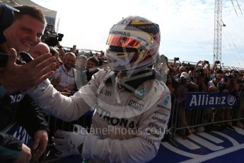 World © Octane Photographic Ltd. Mercedes AMG Petronas W07 Hybrid – Lewis Hamilton (1st). Sunday 23rd October 2016, F1 USA Grand Prix Parc Ferme, Austin, Texas – Circuit of the Americas (COTA). Digital Ref :1750LB2D6120
