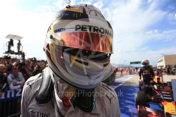 World © Octane Photographic Ltd. Mercedes AMG Petronas W07 Hybrid – Lewis Hamilton (1st). Sunday 23rd October 2016, F1 USA Grand Prix Parc Ferme, Austin, Texas – Circuit of the Americas (COTA). Digital Ref :1750LB2D6127