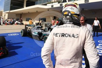 World © Octane Photographic Ltd. Mercedes AMG Petronas W07 Hybrid – Lewis Hamilton (1st). Sunday 23rd October 2016, F1 USA Grand Prix Parc Ferme, Austin, Texas – Circuit of the Americas (COTA). Digital Ref :1750LB2D6135