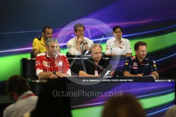 World © Octane Photographic Ltd. F1 USA Grand Prix Practice 2, Austin Texas – Circuit of the Americas (COTA) FIA Personnel Press Conference. Friday 21st October 2016. Cyril Abiteboul - Renault Sport F1 Team Managing Director, Maurizio Arrivabene – Scuderia Ferrari Team Principal, Gene Haas - Haas F1 Team Owner, Christian Horner - Red Bull Racing Team Principal, Monisha Kaltenborn – Sauber F1 Team Team Principal, Toto Wolff - Mercedes AMG Petronas Executive Director. Digital Ref :1744LB2D5266