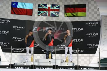World © Octane Photographic Ltd. F1 eSports podium - Abu Dhabi, Yas Marina Circuit - 26 November 2017.Brendon Leigh (Champion), Fabrizio Donoso Delgado (2nd), Sven Zurner (3rd)