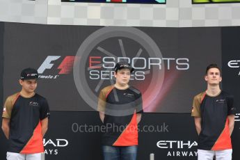 World © Octane Photographic Ltd. F1 eSports podium - Abu Dhabi, Yas Marina Circuit - 26 November 2017.Brendon Leigh (Champion), Fabrizio Donoso Delgado (2nd), Sven Zurner (3rd)