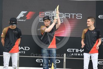 World © Octane Photographic Ltd. F1 eSports podium - Abu Dhabi, Yas Marina Circuit - 26 November 2017.Brendon Leigh (Champion), Fabrizio Donoso Delgado (2nd), Sven Zurner (3rd)