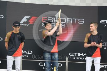 World © Octane Photographic Ltd. F1 eSports podium - Abu Dhabi, Yas Marina Circuit - 26 November 2017.Brendon Leigh (Champion), Fabrizio Donoso Delgado (2nd), Sven Zurner (3rd)