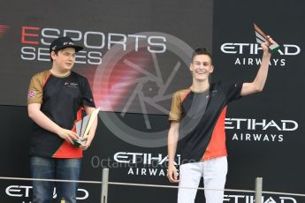 World © Octane Photographic Ltd. F1 eSports podium - Abu Dhabi, Yas Marina Circuit - 26 November 2017. Brendon Leigh and Sven Zurner.