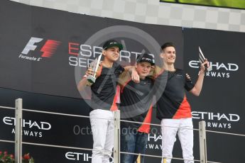 World © Octane Photographic Ltd. F1 eSports podium - Abu Dhabi, Yas Marina Circuit - 26 November 2017.Brendon Leigh (Champion), Fabrizio Donoso Delgado (2nd), Sven Zurner (3rd)