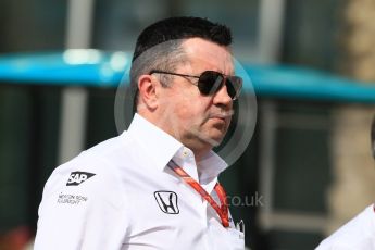 World © Octane Photographic Ltd. Formula 1 - Abu Dhabi Grand Prix - Paddock. Eric Boullier - Racing Director of McLaren Honda. Yas Marina Circuit, Abu Dhabi. Friday 24th November 2017. Digital Ref:1998CB1L5527