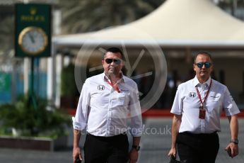 World © Octane Photographic Ltd. Formula 1 - Abu Dhabi Grand Prix - Paddock. Eric Boullier - Racing Director of McLaren Honda and Jonathan Neale - Operations Director at McLaren Honda. Yas Marina Circuit, Abu Dhabi. Friday 24th November 2017. Digital Ref:1998LB2D7690