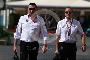 World © Octane Photographic Ltd. Formula 1 - Abu Dhabi Grand Prix - Paddock. Eric Boullier - Racing Director of McLaren Honda and Jonathan Neale - Operations Director at McLaren Honda. Yas Marina Circuit, Abu Dhabi. Friday 24th November 2017. Digital Ref:1998LB2D7697