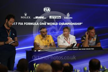 World © Octane Photographic Ltd. Formula 1 - Abu Dhabi Grand Prix – Friday Team Press Conference – Part 2. Cyril Abiteboul - Managing Director of Renault Sport Racing Formula 1 Team, Zak Brown - Executive Director of McLaren Technology Group and Mario Isola – Pirelli Head of Car Racing. Yas Marina Circuit, Abu Dhabi. Friday 24th November 2017. Digital Ref: