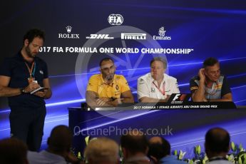 World © Octane Photographic Ltd. Formula 1 - Abu Dhabi Grand Prix – Friday Team Press Conference – Part 2. Cyril Abiteboul - Managing Director of Renault Sport Racing Formula 1 Team, Zak Brown - Executive Director of McLaren Technology Group and Mario Isola – Pirelli Head of Car Racing. Yas Marina Circuit, Abu Dhabi. Friday 24th November 2017. Digital Ref: