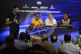World © Octane Photographic Ltd. Formula 1 - Abu Dhabi Grand Prix – Friday Team Press Conference – Part 2. Cyril Abiteboul - Managing Director of Renault Sport Racing Formula 1 Team, Zak Brown - Executive Director of McLaren Technology Group and Mario Isola – Pirelli Head of Car Racing. Yas Marina Circuit, Abu Dhabi. Friday 24th November 2017. Digital Ref: