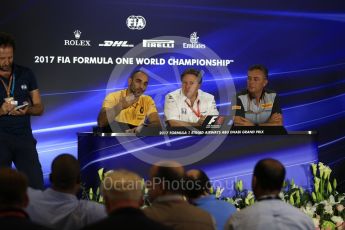 World © Octane Photographic Ltd. Formula 1 - Abu Dhabi Grand Prix – Friday Team Press Conference – Part 2. Cyril Abiteboul - Managing Director of Renault Sport Racing Formula 1 Team, Zak Brown - Executive Director of McLaren Technology Group and Mario Isola – Pirelli Head of Car Racing. Yas Marina Circuit, Abu Dhabi. Friday 24th November 2017. Digital Ref: