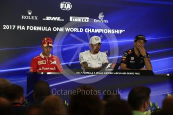 World © Octane Photographic Ltd. Formula 1 - Abu Dhabi Grand Prix – Thursday Driver Press Conference – Part 1. Lewis Hamilton - Mercedes AMG Petronas, Daniel Ricciardo - Red Bull Racing and Sebastian Vettel - Scuderia Ferrari. Yas Marina Circuit, Abu Dhabi. Thursday 23rd November 2017. Digital Ref: 1997LB2D7502