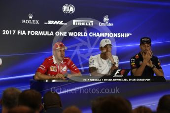 World © Octane Photographic Ltd. Formula 1 - Abu Dhabi Grand Prix – Thursday Driver Press Conference – Part 1. Lewis Hamilton - Mercedes AMG Petronas, Daniel Ricciardo - Red Bull Racing and Sebastian Vettel - Scuderia Ferrari. Yas Marina Circuit, Abu Dhabi. Thursday 23rd November 2017. Digital Ref: 1997LB2D7513