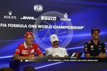 World © Octane Photographic Ltd. Formula 1 - Abu Dhabi Grand Prix – Thursday Driver Press Conference – Part 1. Lewis Hamilton - Mercedes AMG Petronas, Daniel Ricciardo - Red Bull Racing and Sebastian Vettel - Scuderia Ferrari. Yas Marina Circuit, Abu Dhabi. Thursday 23rd November 2017. Digital Ref: 1997LB2D7525