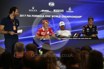 World © Octane Photographic Ltd. Formula 1 - Abu Dhabi Grand Prix – Thursday Driver Press Conference – Part 1. Lewis Hamilton - Mercedes AMG Petronas, Daniel Ricciardo - Red Bull Racing and Sebastian Vettel - Scuderia Ferrari. Yas Marina Circuit, Abu Dhabi. Thursday 23rd November 2017. Digital Ref: 1997LB2D7530