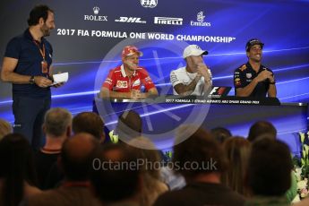 World © Octane Photographic Ltd. Formula 1 - Abu Dhabi Grand Prix – Thursday Driver Press Conference – Part 1. Lewis Hamilton - Mercedes AMG Petronas, Daniel Ricciardo - Red Bull Racing and Sebastian Vettel - Scuderia Ferrari. Yas Marina Circuit, Abu Dhabi. Thursday 23rd November 2017. Digital Ref: 1997LB2D7536