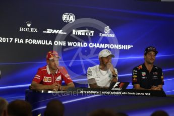 World © Octane Photographic Ltd. Formula 1 - Abu Dhabi Grand Prix – Thursday Driver Press Conference – Part 1. Lewis Hamilton - Mercedes AMG Petronas, Daniel Ricciardo - Red Bull Racing and Sebastian Vettel - Scuderia Ferrari. Yas Marina Circuit, Abu Dhabi. Thursday 23rd November 2017. Digital Ref: 1997LB2D7547