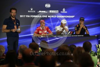 World © Octane Photographic Ltd. Formula 1 - Abu Dhabi Grand Prix – Thursday Driver Press Conference – Part 1. Lewis Hamilton - Mercedes AMG Petronas, Daniel Ricciardo - Red Bull Racing and Sebastian Vettel - Scuderia Ferrari. Yas Marina Circuit, Abu Dhabi. Thursday 23rd November 2017. Digital Ref:v