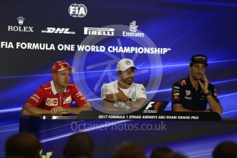World © Octane Photographic Ltd. Formula 1 - Abu Dhabi Grand Prix – Thursday Driver Press Conference – Part 1. Lewis Hamilton - Mercedes AMG Petronas, Daniel Ricciardo - Red Bull Racing and Sebastian Vettel - Scuderia Ferrari. Yas Marina Circuit, Abu Dhabi. Thursday 23rd November 2017. Digital Ref: 1997LB2D7566