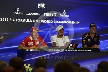 World © Octane Photographic Ltd. Formula 1 - Abu Dhabi Grand Prix – Thursday Driver Press Conference – Part 1. Lewis Hamilton - Mercedes AMG Petronas, Daniel Ricciardo - Red Bull Racing and Sebastian Vettel - Scuderia Ferrari. Yas Marina Circuit, Abu Dhabi. Thursday 23rd November 2017. Digital Ref: 1997LB2D7578